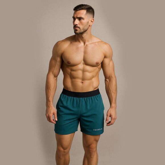 YoungLA Men's Teal Workout Gym Shorts w/ Boxer Brief Lining - Size Large - Picture 1 of 7